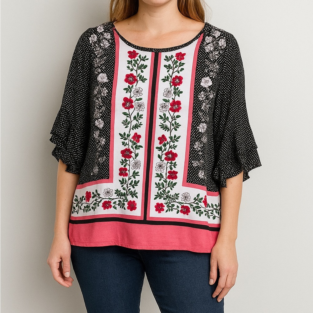 Liz Claiborne Dolman Black Floral Polka Dots Flutter Short Sleeve Blouse Cooling